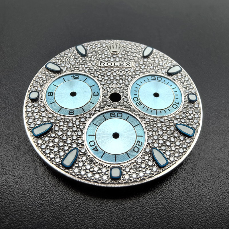 Custom Watch Dial For Rolex Daytona 116576TBR Ice Blue Full Diamonds Fit 4130 Movement Aftermarket Watch Parts